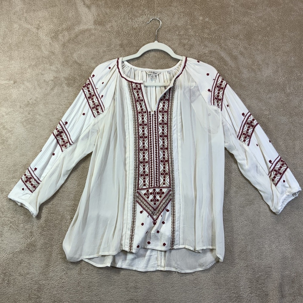 Lucky Brand Womens L Blouse Long Sleeve Tunic Semi Sheer Embroidered Boho‎ READ